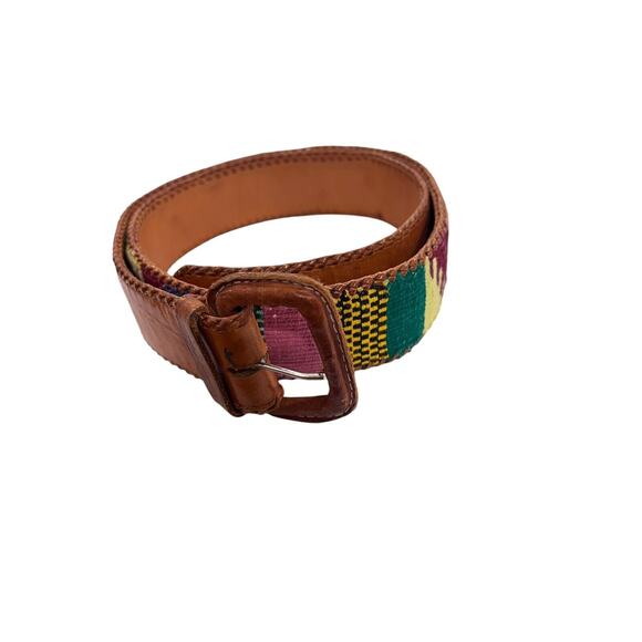 Size 34 Handmade Woven Multi Colored Tapestry Brown Leather Belt Boho Western - Picture 1 of 5